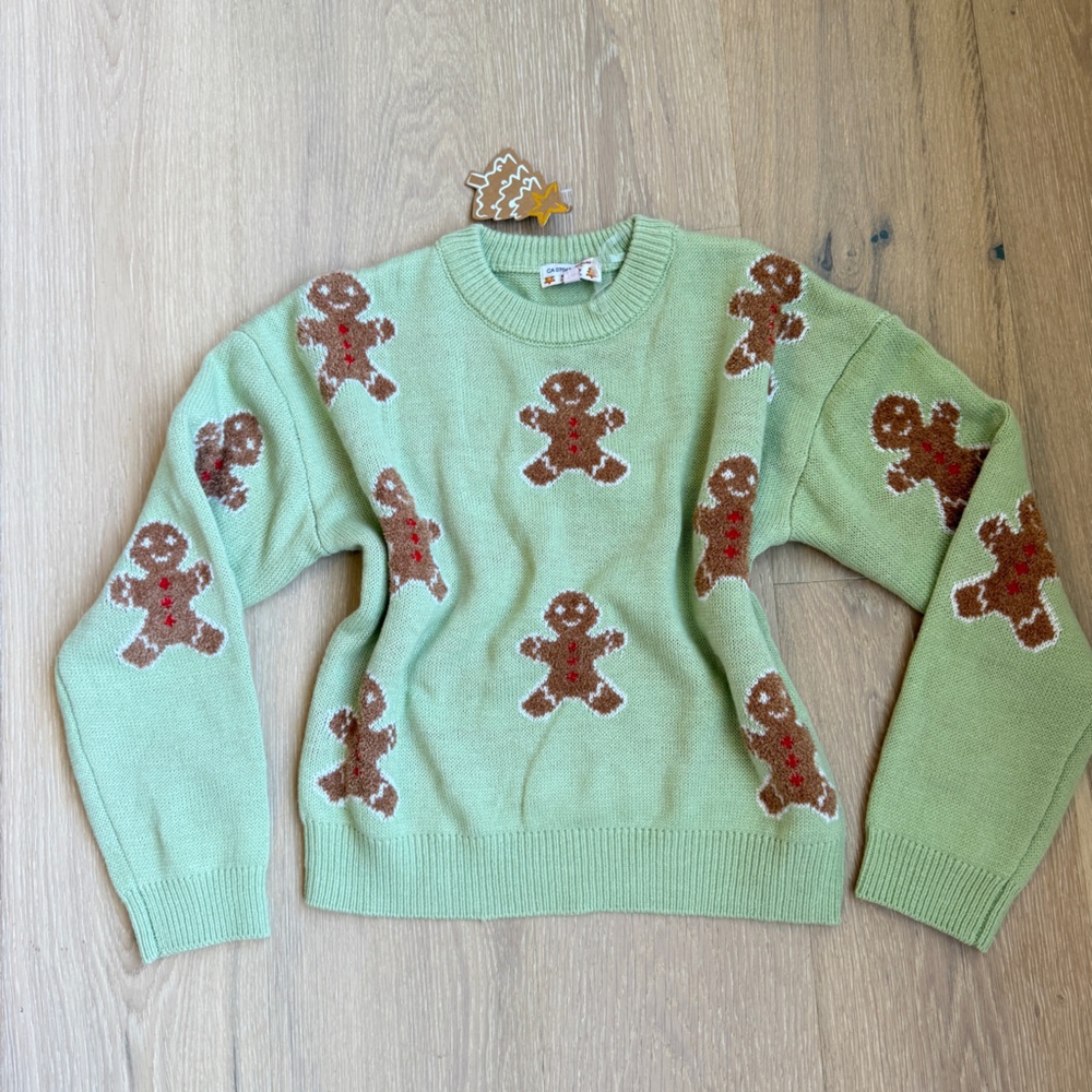Poof! Mint Green Sweater with Gingerbread Design